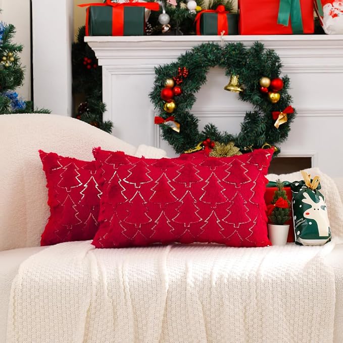 VAKADO 12x20 Set of 2 Christmas Throw Pillow Covers Embroidered Decorative Xmas Cushion Cases Holiday Soft Home Decor for Bedroom Sofa Chair Porch Winter, Red