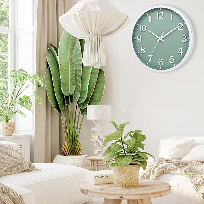 Wall Clocks Battery Operated 12 inch Modern Wall Clock,Silent Non Ticking Wall Clock for Living Room Bedroom Kitchen Office Classroom Decor (Green White)