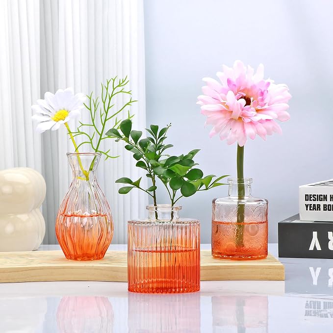 Glass Bud Vases Set of 4, Small Orange Flower Vases for Wedding Centerpiece | Clear Vintage Embossed Mini Vases for Table Decorations, Flower Arrangements in Vases for Party or Home Decor