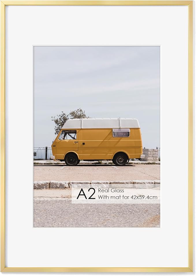 Fun Memories A2 Picture Frame Gold, High End Metal 16.5 x 23.5 Poster Frames for Wall, A2 Photo Frame with Mat A3, Tempered Glass, 1 Pack