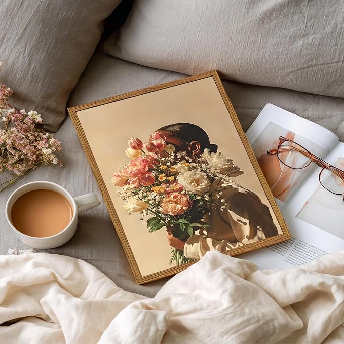 Framed Black Girl Floral Wall Art, Moody African American Holding Flower Pictures Wall Decor, Trendy Romantic Black Woman Paintings Canvas Prints Aesthetic for Living Room Bedroom 16x24 inch