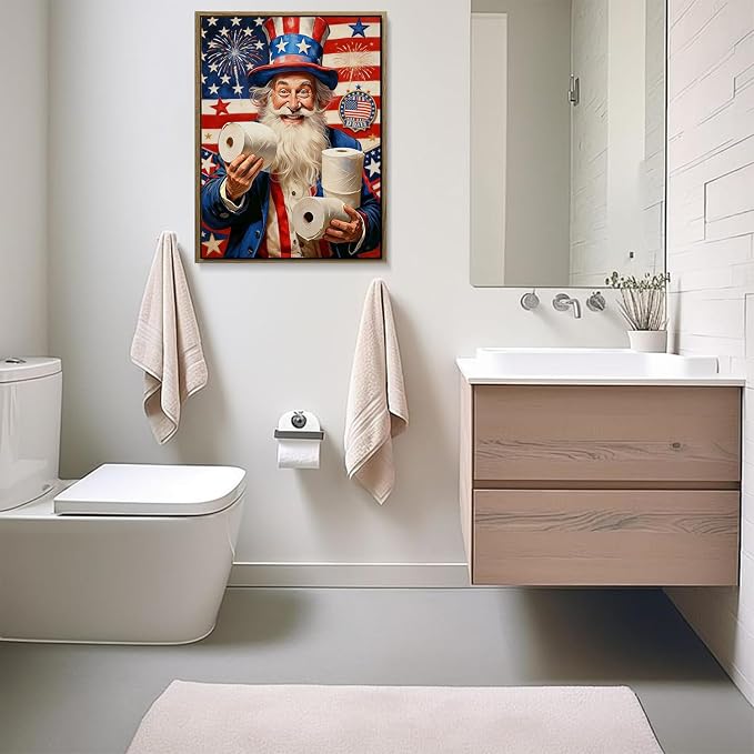 American Flag Framed Canvas Wall Art, 4th of July Patriotic Canvas Prints | Humorous Uncle Sam Toilet Paper Poster Print, Independence Day Wall Decor for Bedroom Bathroom Living Room 24×36in