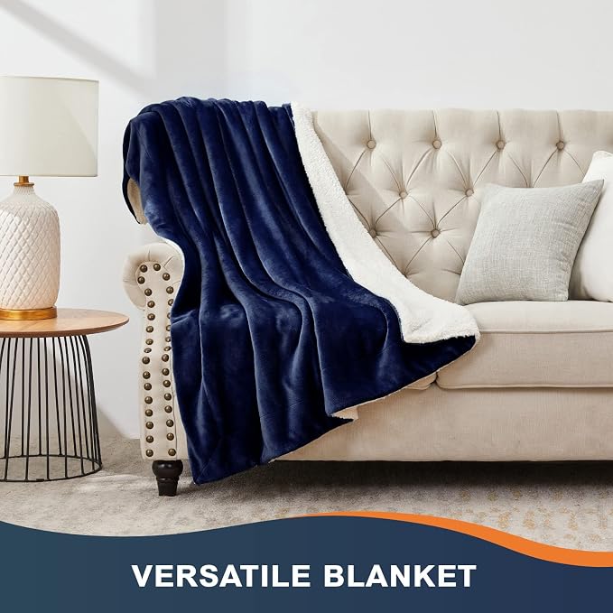 Walensee Sherpa Fleece Blanket (Queen Size 90”x90” Navy) Plush Throw Fuzzy Super Soft Reversible Microfiber Flannel Blankets for Couch, Bed, Sofa Ultra Luxurious Warm and Cozy for All Seasons