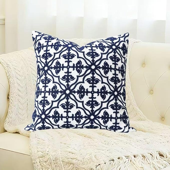 Slow Cow Throw Pillow Cover Navy Blue Embroidery Canvas Throw Pillow Cover for Couch Bed Sofa Navy Geometric Cushion Cover 18 x18 Inches