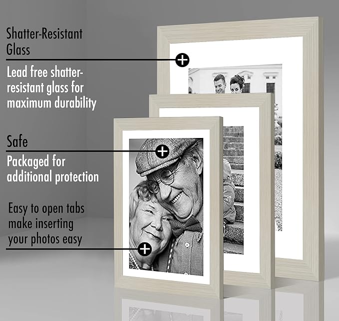 Americanflat Set of 7 Picture Frames with Shatter-Resistant Glass - Gallery Wall Frame Set with One 11x14, Two 8x10 and Four 5x7 Frames - Signature Collection - Light Wood | Includes one 11x14, two 8x10 and four 5x7, shatter-resistant glass, hanging ha...