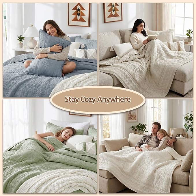 WDCOZY Boho Sage Green Oversized California Cal King Size Quilt Bedding Sets with 2 Pillow Shams, Farmhouse Lightweight Soft Bedspread Coverlet for All Season, 116x106 inches