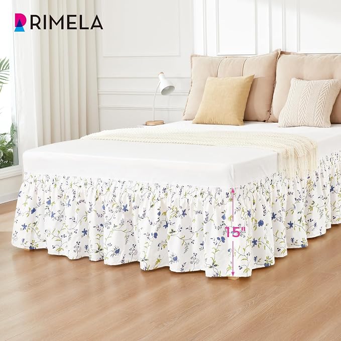 Sweet Blueberry Bed Skirt Queen 15" Drop, Elastic Wrap Around Bedskirt | Solid Ruffled, Easy to Use, No Mattress Lifting, Wrinkle & Fade Resistant, with Adhesive Strips, Machine Wash/Dry/Iron