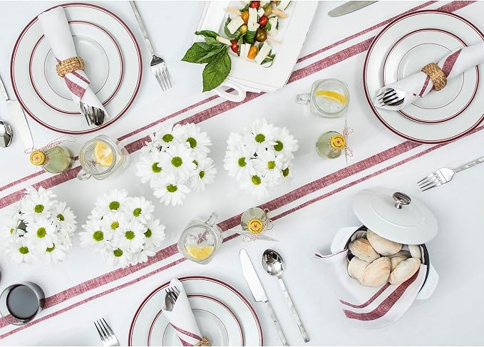 Solino Home 100% Linen Table Runner, 14 x 72 in, Burgundy and White Striped | French Stripe, brings a tailored look to family meals and hosting, woven stripe, European flax fibres, OEKO-TEX Certified