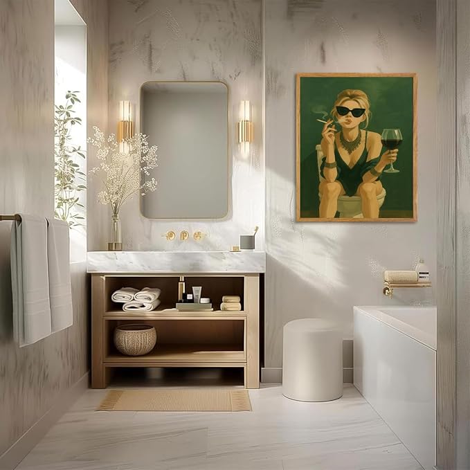 YUECOSHMAO Dark Green Bathroom Wall Art Fashionable Girl Canvas Art Print Interesting Toilet Decoration Murals Modern Toilet Murals for Laundry Room Bathroom Home Decoration Poster16X24 Inch Unframed