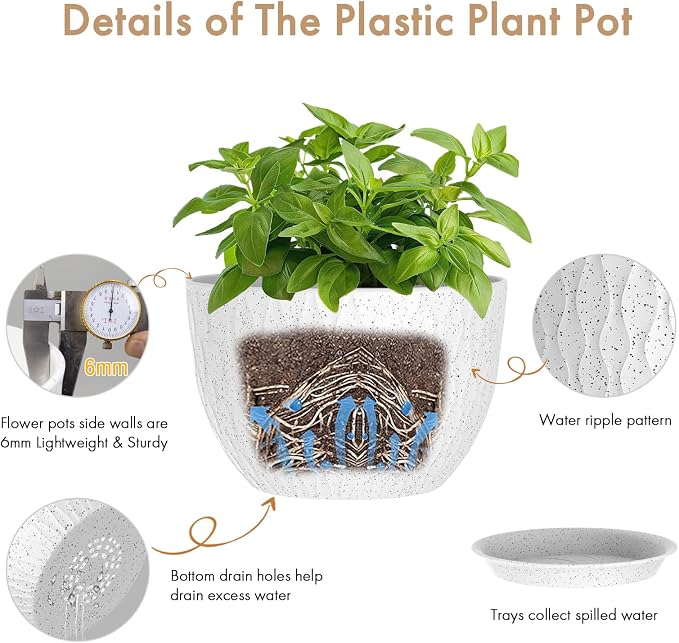 WSMKSZ 12 Inch Wide Water Ripples Flower Pots for Indoor or Outdoor Plants, Large Plant Pots with Drainage Holes & Saucer, Plastic Planters Set for Garden & Home Decor (White with Black Speckles)