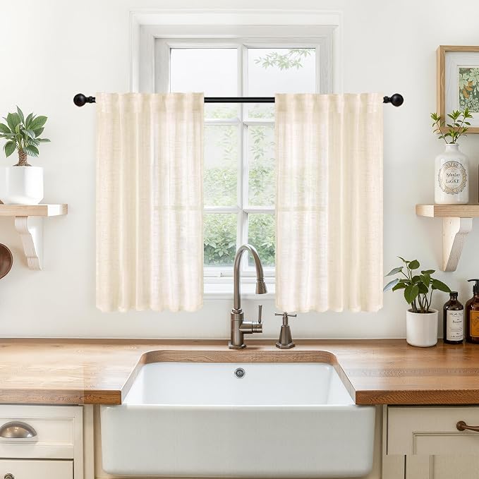 Linen Sheer Kitchen Curtains 36 Inch Cafe Back Tab Rod Pocket 2 Panels