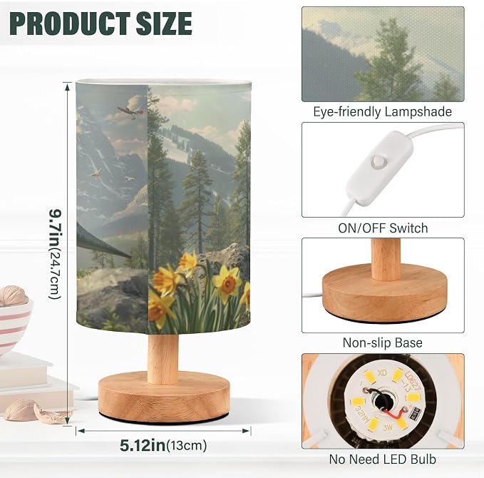 Bedside Lamp Dinosaur Mountain Table Lamp for Bedroom LED Nightstand Lamp Shade USB Ports Wood Base for Living Room Dorm Office