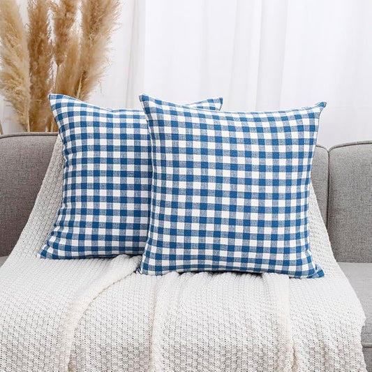 Coastal Decor Light Blue Gingham Plaid Decorative Pillow Covers 20x20 | Set of 2 Blue Pillow Covers 20 x 20, Vintage Farmhouse Cottage Core Decor for Couch Bed, Fundas Para Cojines De Sala Navidad