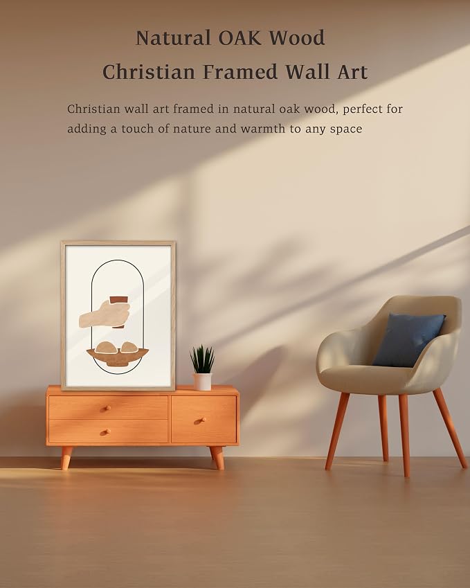 KensTro 16x20 Oak Framed Holy Communion Christian Wall Art | Natural Oak Wood Frame with Minimalist Communion Bread and Cup Design for Dining Room, Kitchen, Living Room or Prayer Space
