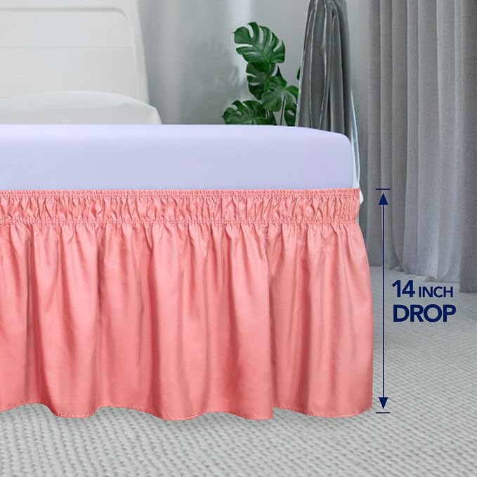 PureFit Wrap Around Ruffled Bed Skirt, Pink, Queen/King - 14" Drop | Wrinkle Free Bedskirt Dust Ruffles, Easy to Put On Frame Cover with Adjustable Elastic Belt