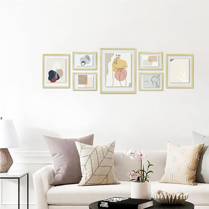 Golden State Art 7 Pack Aluminum Floating Frames Included 5x7 8x10 11x14 | Gold, One 11x14 Two 8x10 Four 5x7 Frames, Wall Mount Display, Fit for Pictures, Pressed Flowers Any Size up to Frame Size