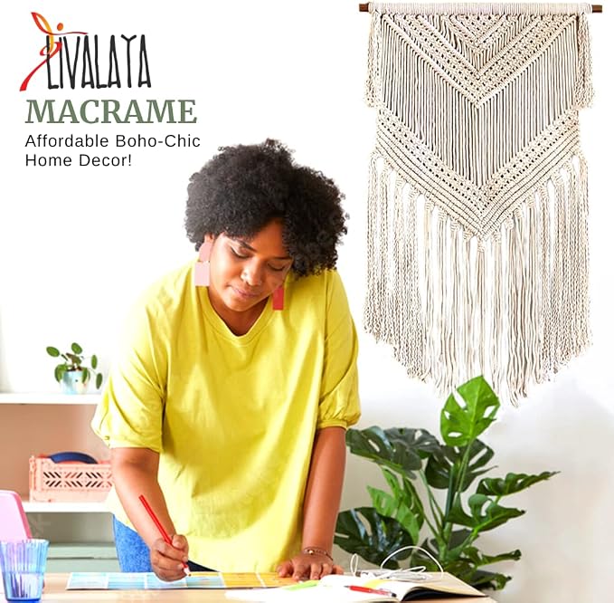 Livalaya Boho Macrame Woven Wall Hanging Beige 16 in x 36 in Modern Bohemian Tapestry wall Art Decor for House, Apartment, Dorm, Bedroom, Nursery, Party Decorations, Wedding, Wall Ornament