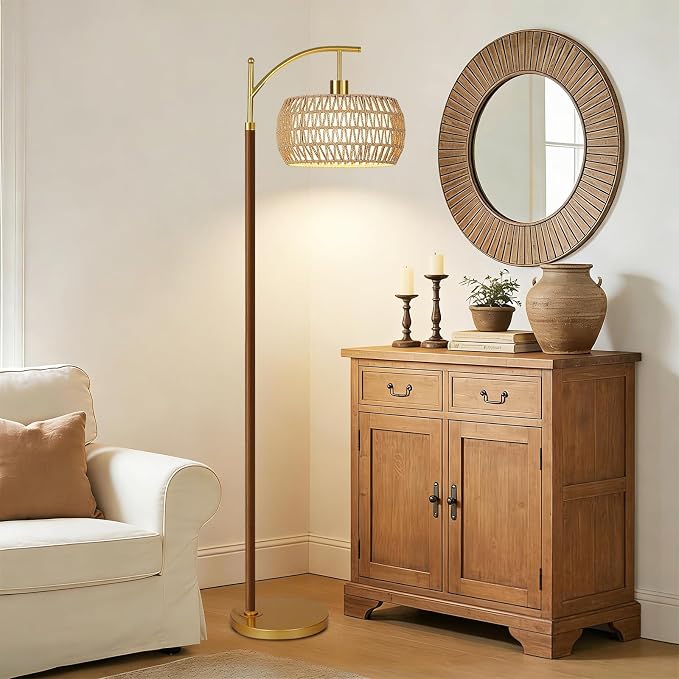AHDWDW Arc Gold Floor Lamp for Living Room with Remote,Farmhouse Boho Floor Lamps with Timer,Rustic Standing Lamp with Hand-woven Rattan Wicker Shade and Fabric,Adjustable Tall Lamp for Bedroom,Corner