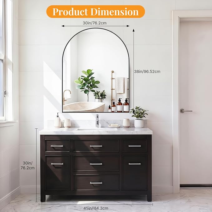 Sweetcrispy 30"x38" Arched Bathroom Mirror, Bathroom Mirrors for Over Sink | Modern Wall Mirrors Arch Decorative for Entryway, Bedroom, Vanity,Horizontal or Vertical Hanging, Black