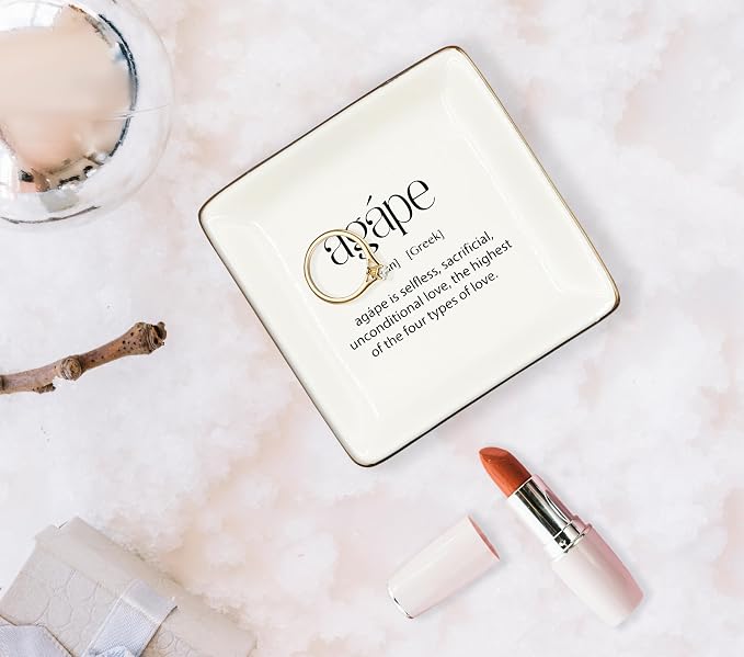 WODMIS Greek Agape Definition Ceramic Jewelry Tray Dish, Inspirational Office Jewelry Plate Ring Trinket, Wedding Day Gift for Friend Besties Sister Coworker, Bachelorette Party gifts for Bridal 388