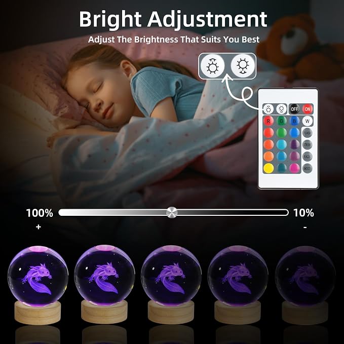 3D Axolotl Crystal Ball Night Light, Upgraded 3.15 Inch Glass Ball Lamp with 16 Color LED Wooden Base, Axolotl Decor Birthday Holiday Christmas Axolotl Gifts for Boys Girls Friends