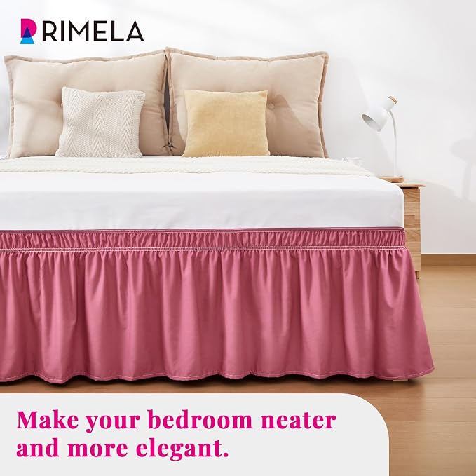 Dusty Red Bed Skirt Queen Size 18" Drop, Elastic Wrap Around Bedskirt | Solid Ruffled, Easy to Use, No Mattress Lifting, Wrinkle & Fade Resistant, with Adhesive Strips, Machine Wash/Dry/Iron