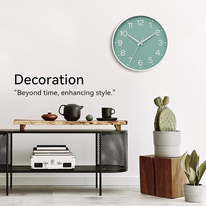 Roymnie 8 Inch Wall Clock, Battery Operated Silent Non Ticking Analog | Mint Green modern analog; large 3D easy-read dial for kitchen, office, bathroom & bedroom; 1 AA battery (not included)