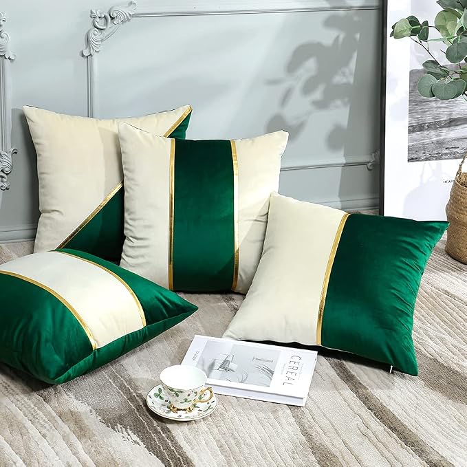 OTOSTAR Set of 4 Soft Velvet Throw Pillow Covers 18x18 Inch Modern Decorative Pillow Covers Gold Leather Striped Square Luxury Pillowcase Cushion Case for Couch Living Room Bed Sofa Home Decor (Green)