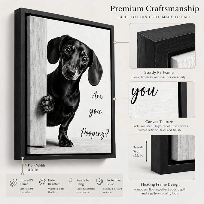 Framed Funny Bathroom Wall Art, Dachshund Are You Pooping Canvas Print, Minimalist Black and White Humor Bathroom Animal Decor for Restroom Toilet 8x10in