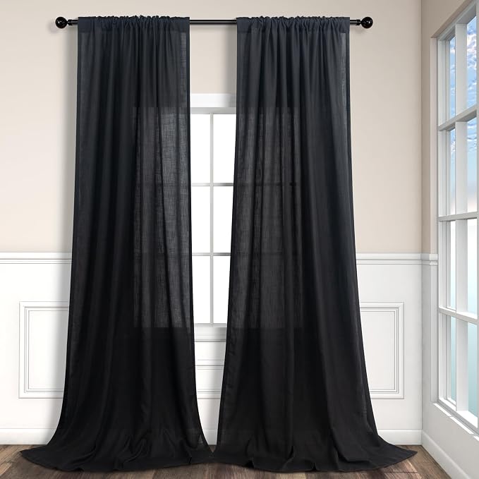 Black Linen Curtains 84 Inch Length for Living Room 2 Panel Back Tab Pocket Muslin Light Filtering Semi Privacy Thick Sheer Floor Length Curtain for Mens Bedroom Man Cave Modern Farmhouse Gothic Decor