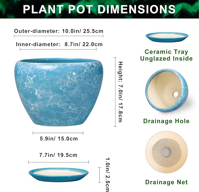 Indoor Plant Pots 10 Inch, Ceramic Planter, Bubble Blue | Decorative Round Planter with Drainage Hole and Saucer, Flower Pots Indoor, Apartment Decor, House Warming Gift