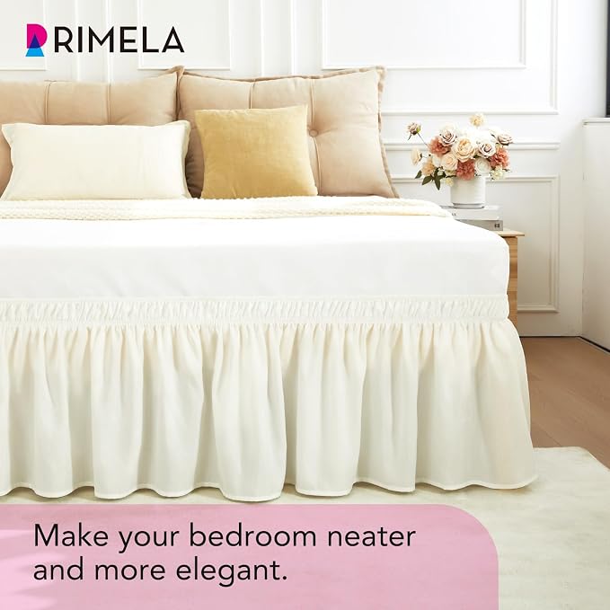 RIMELA Cream Bed Skirt Queen Size 12 Inch Drop, Wrap Around Elastic Adjustable Bedskirt, Bed skirting Dust Ruffle for Bed Frame & Box Spring Soft Durable Fabric Machine Washable Easy to Install | Solid Ruffled, Easy to Use, No Mattress Lifting, Wrinkle...