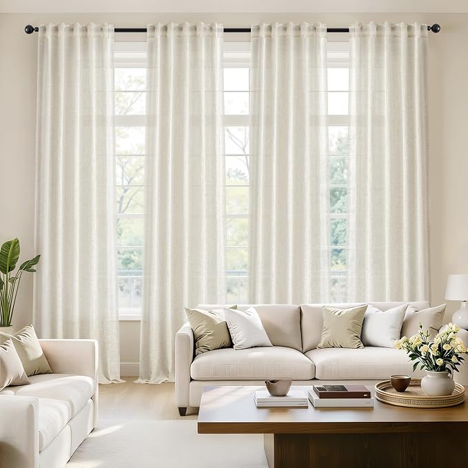 MIULEE Natural Back Tab Linen Curtains 4 Panels 42W x 120L | Linen material, light filtering, rod pocket back tab hanging, farmhouse decor for living room bedroom