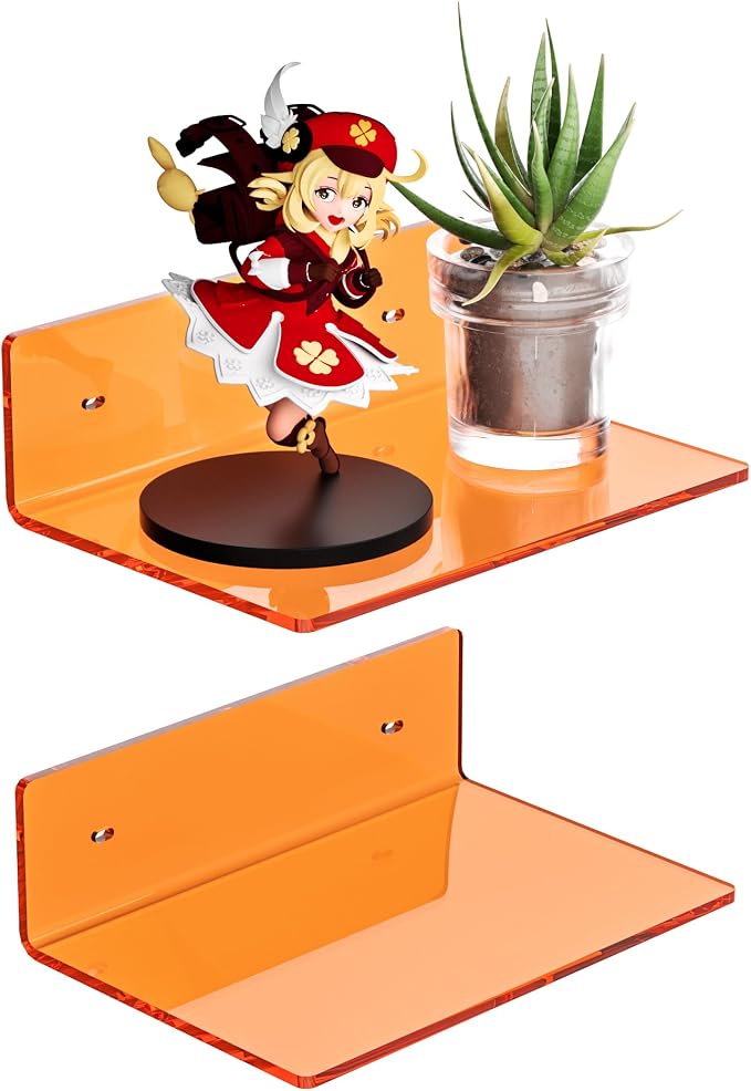 Sezanrpt 9 Inch Orange Wall Shelves, Acrylic Wall Mounting Ledges Display, Acrylic Display Wall Shelf for Funko Pop Figures, Collectibles, Plants, Décor, Toiletries, Spices, 2 Pack