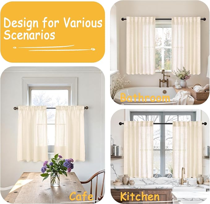 YoungsTex Linen Semi Sheer Curtains 45 Inch Length for Kitchen Cafe Window | Short Drapes with Back Tab Rod Pocket Lightweight for Bathroom Small Window Over Sink, Cream Beige, 2 Panels, 34 X 45 Inch