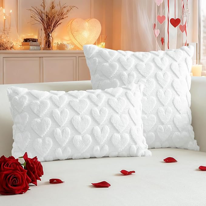 Artscope Valentines Pillow Covers 18x18 Set of 2 Decorative Love Heart Valentines Day Throw Pillow Cases Soft Plush Faux Fur Couch Cushion Case for Holiday Sofa Bed Room Home Decor-White Heart