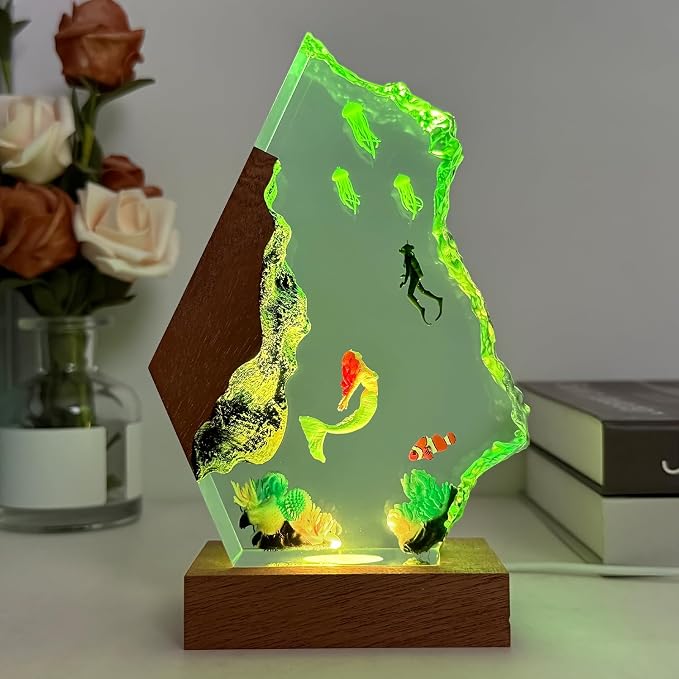 Handmade Mermaid Resin Ocean Lamp with Wood Base