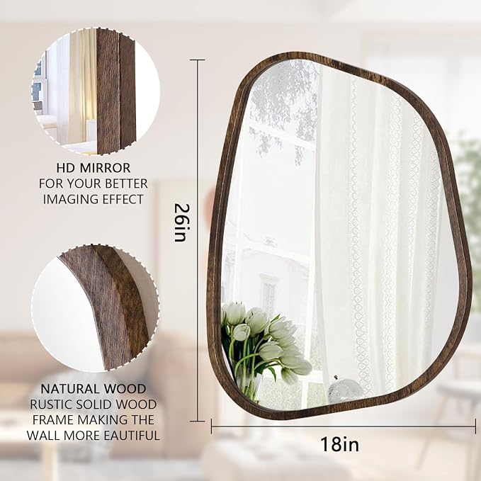 Asymmetrical Accent Mirror for Wall Irregular Oval Wood Frame Modern Unique Wall Mirror Decorative Boho Vanity Bathroom Living Room Bedroom Entryway Hallway Artistic Wavy Mirror Large 26"x18"