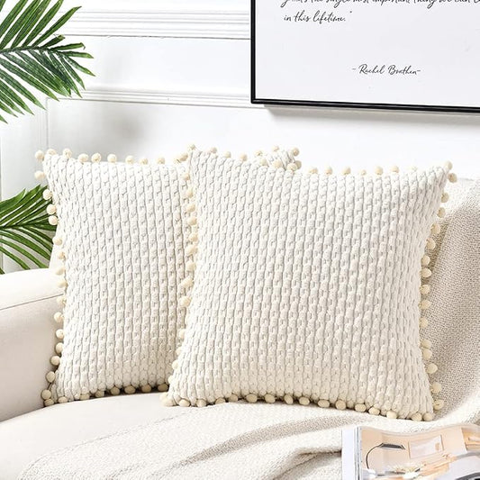Fancy Homi Set of 2 Cream Decorative Throw Pillow Covers 24x24 Inch with Pom-poms for Couch Bed Sofa, Modern Farmhouse Boho Home Decor, Soft Plush Corduroy Cute Cushion Case 60x60cm