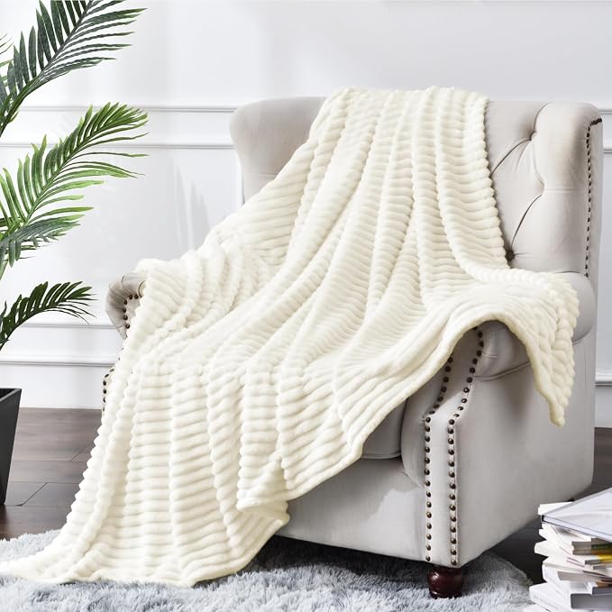 BEDELITE Ribbed Jacquard Cream Fleece Throw Blanket for Couch, 50x70 Inch | Soft Warm Decorative Fluffy Blanket, Cozy Plush Lightweight Fuzzy Throw Blanket for Bed Sofa Home Room Decor, Gift for Women