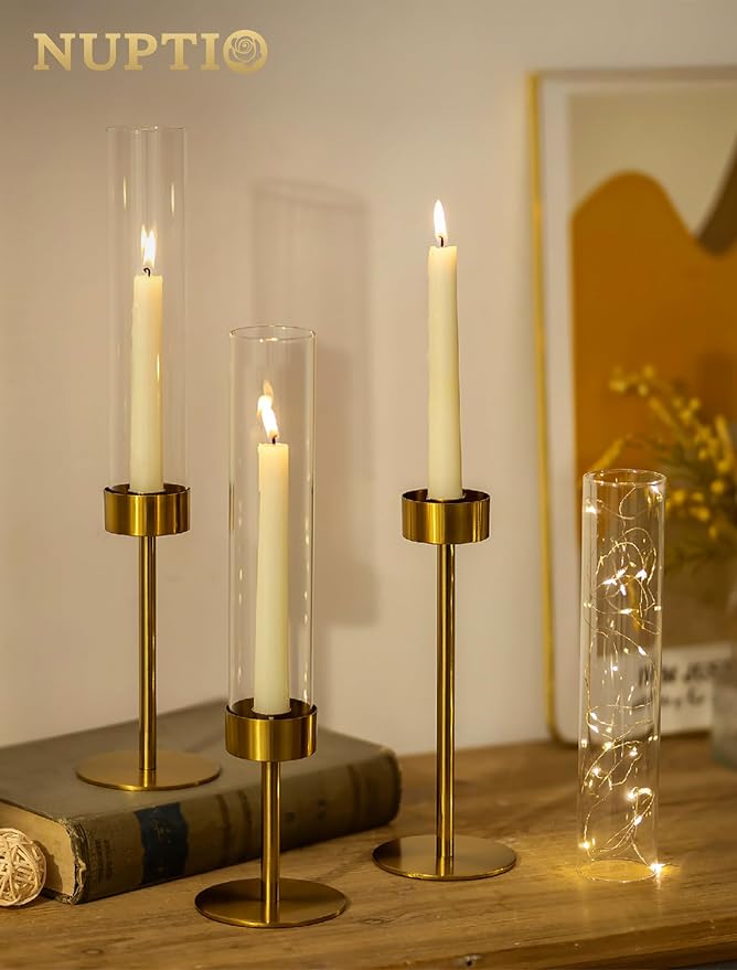 NUPTIO Candlestick Holders for Table Centerpiece, Set of 3 Gold Decor