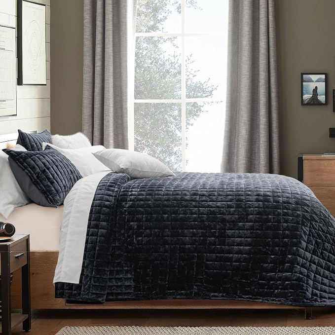 RECYCO Channel Box Stitch Velvet Quilt Set, King Size, Black | Ultra Soft Lightweight Velvet Comforter, Luxury Oversized Bedspread Coverlet, Quilted Bedding Set for All Season with 2 Shams