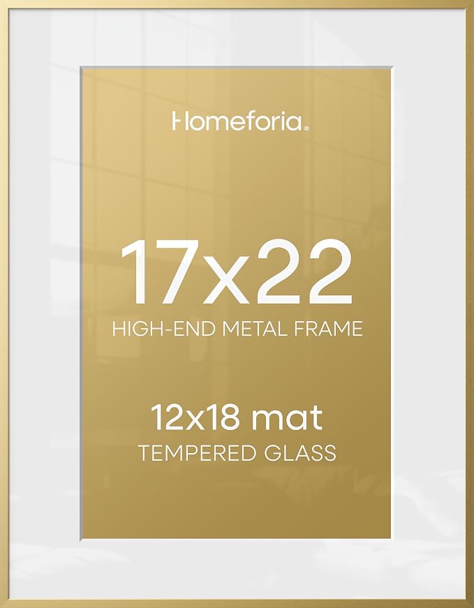 Homeforia 17x22 Gold Picture Frame, High-End Metal, 12x18 Mat, Glass