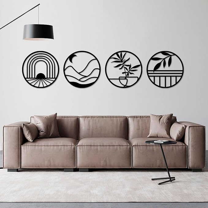 FANTAART 4 Piece Boho Metal Wall Art Black Minimalist Decor | Bohemian Neutral Round Circle Wall Decor Set, Home Decorations for Living Room, Bedroom, Office, Bathroom and Farmhouse