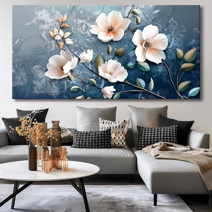 Large White Flower Wall Art with Blue Background Elegant Flower Framed Floral Canvas Print for Living Room, Bedroom, Dining Room, Home Office Modern Ready to Hang Home Decor - 20"x40"