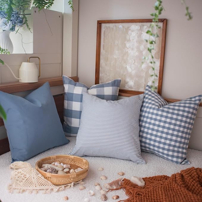 HOPLEE Light Blue Pillow Cover Cushion Cover with Buffalo Plaid, Solid Light Blue, Striped and Gingham Plaid Design 16x16 inch,4 Pack