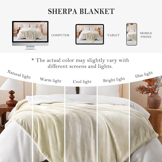 SOCHOW Sherpa Fleece Throw Blanket, Linen, 50x60 inches | Double-Sided Super Soft Luxurious Plush Blanket Throw Size