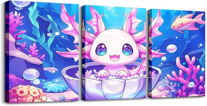 Feelyou Kids Cute Axolotl Canvas Wall Art for Living Room Bedroom Ocean Sealife Picture Wall Decor Boys Girls Kawaii Animal Wall Painting Prints Cartoon Salamander Bathroom Wall Art 12"x16"x 3Pcs