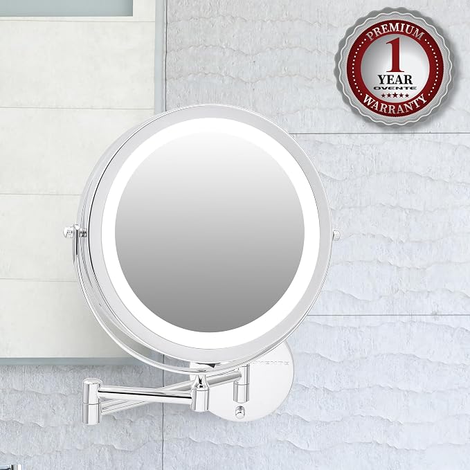 OVENTE 9" Wall Mounted Lighted Makeup Mirror, Polished Chrome MFW85CH1X10X | Cordless Double Sided 1X/10X Magnifying Mirror for Bathroom with LED Lights, 360° Rotation, Extendable Arm, Battery Operated