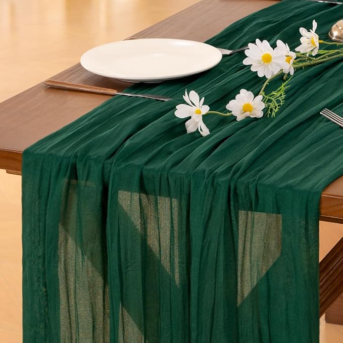 Cheesecloth Table Runner Fall Boho Wedding Birthday Party Home Decor | Emerald Green 2pcs Rustic Gauze 10FT Cheese Cloth Sheer Farmhouse Runner for Baby Shower Bridal Holiday Decorations